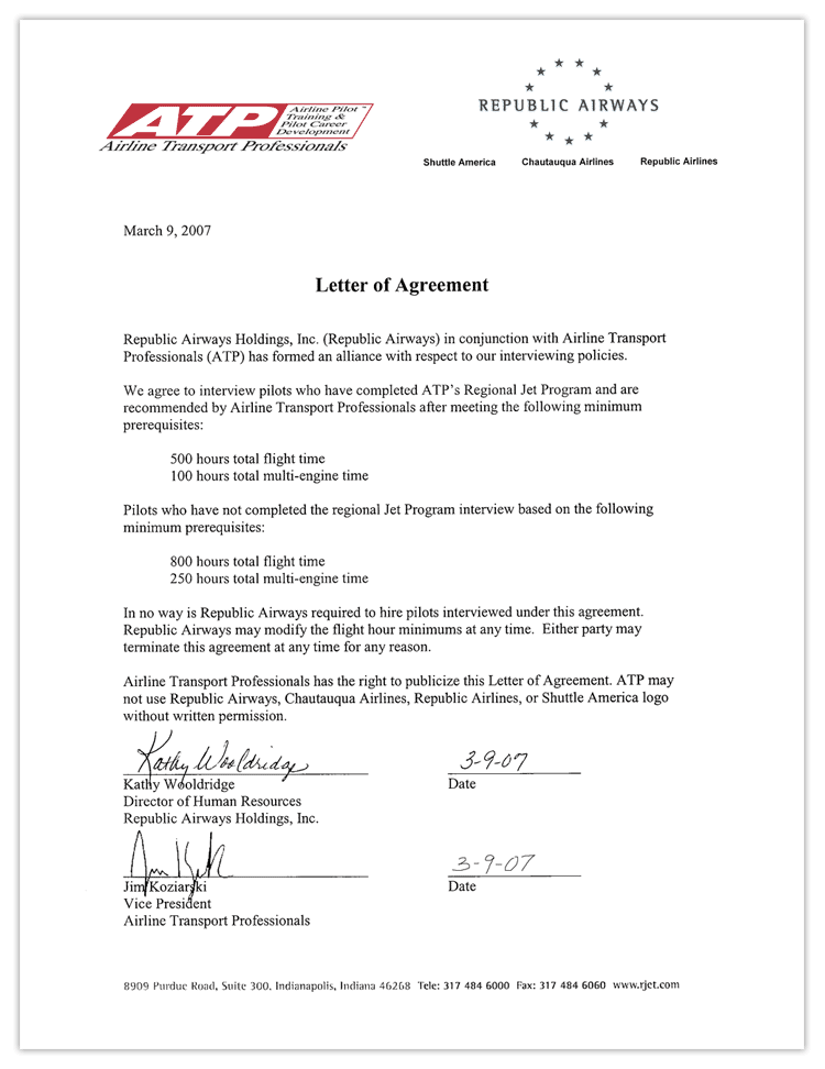 Republic Airways Agreement Letter